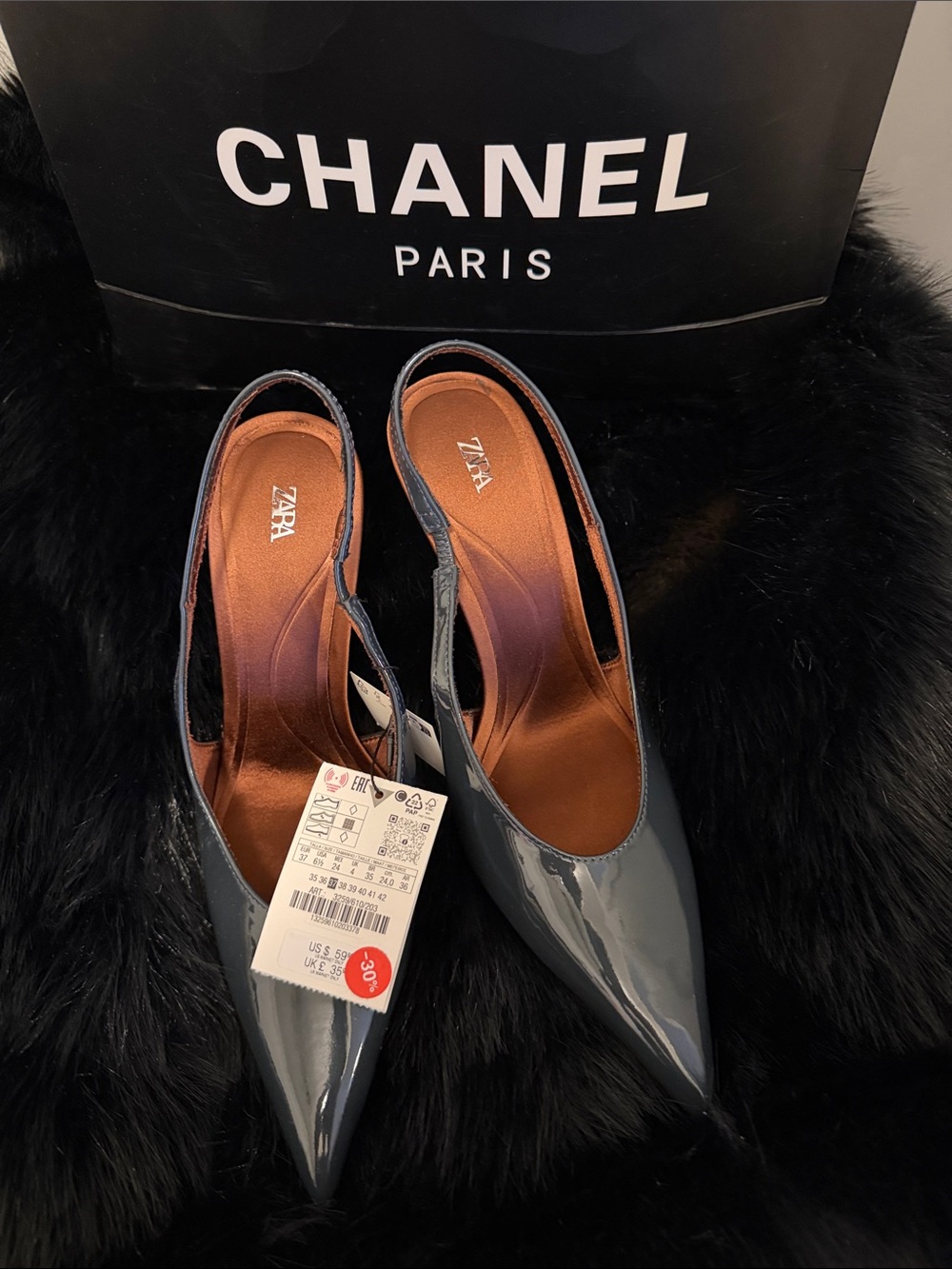 Zara Charcoal Patent Pointed Slingback Pumps